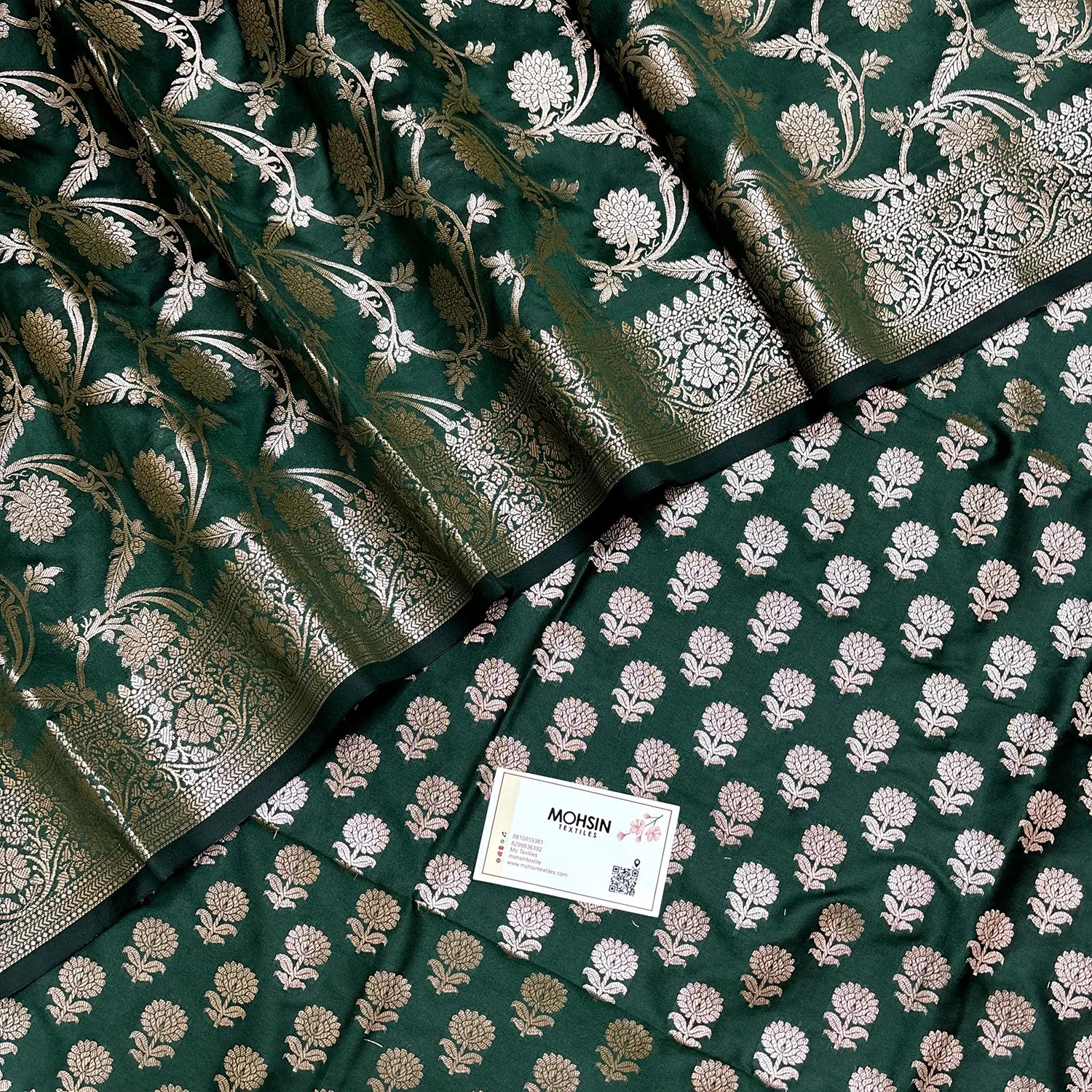 Bottle Green Sunflower Satin Silk Banarasi Suit