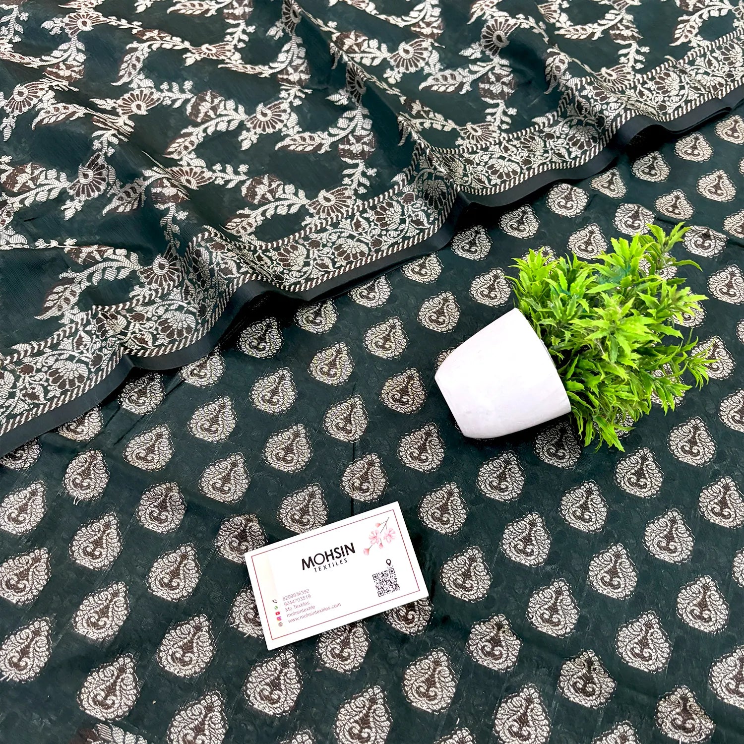 Bottle Green Surahi Buti Cotton Silk Banarasi Suit