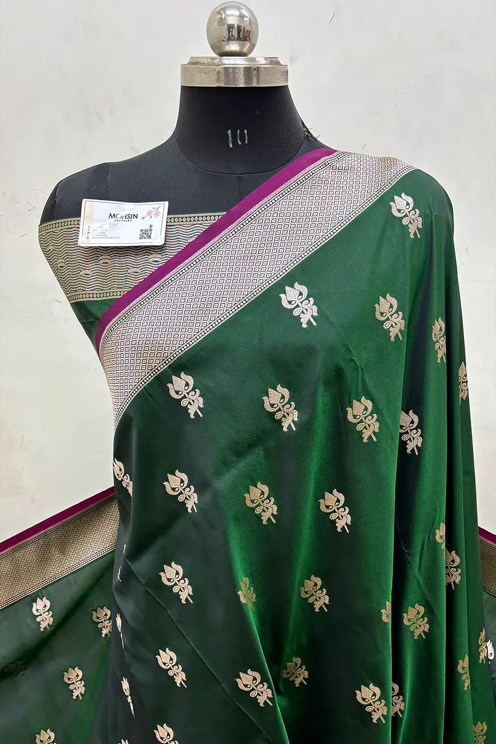 Bottle Green Trishul Ghat Katan Silk Banarasi Saree