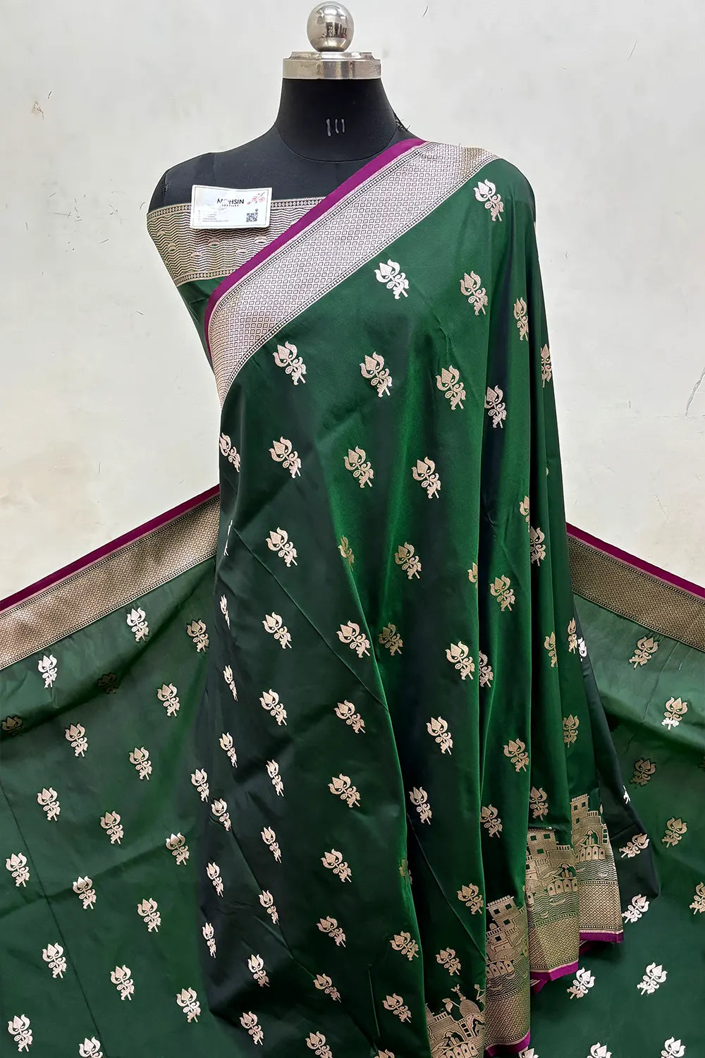 Bottle Green Trishul Ghat Katan Silk Banarasi Saree