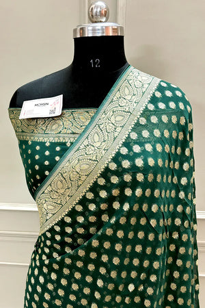 Bottle Green Zari Georgette Silk Banarasi Saree
