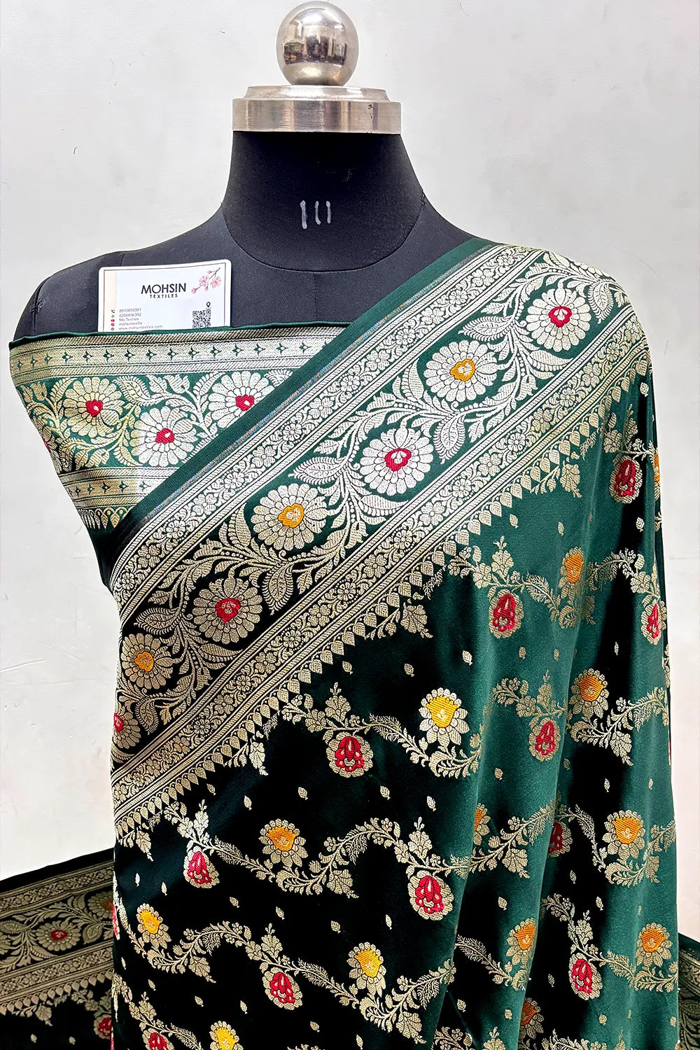 Bottle Green Zari Hand Brush Katan Satin Silk Banarasi Saree