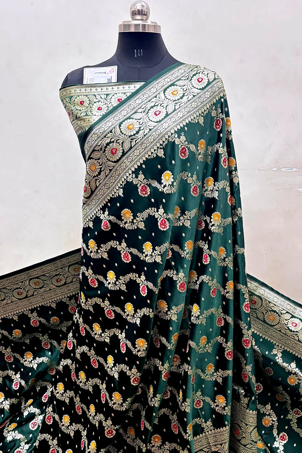 Bottle Green Zari Hand Brush Katan Satin Silk Banarasi Saree