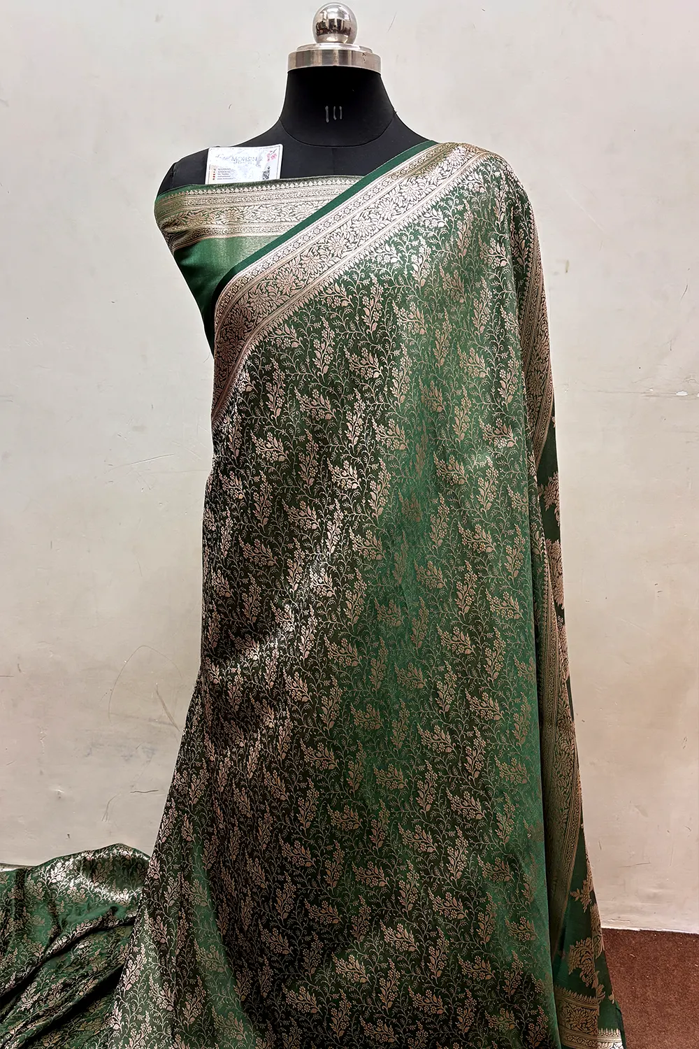 Bottle Green Zari Katan Jamdani Silk Banarasi Saree