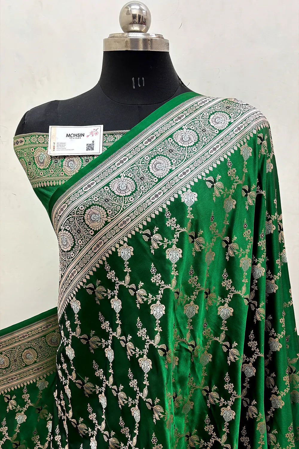 Bottle Green Zari Katan Mashru Silk Banarasi Saree