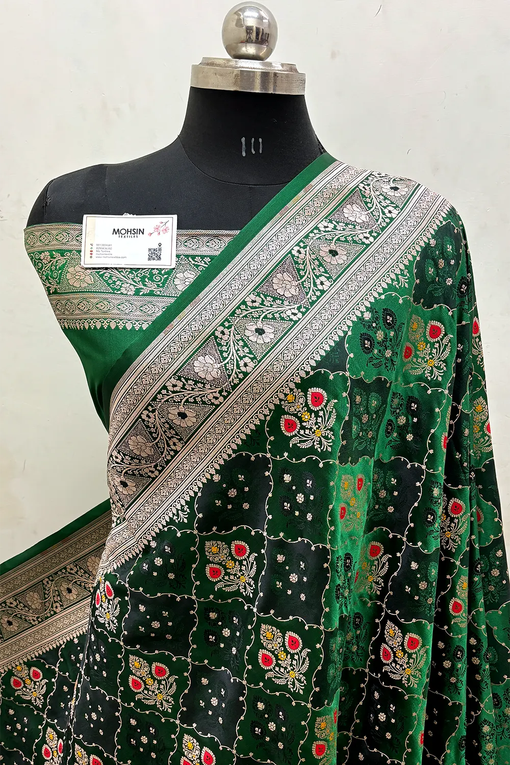 Bottle Green Zari Katan Mashru Silk Banarasi Saree