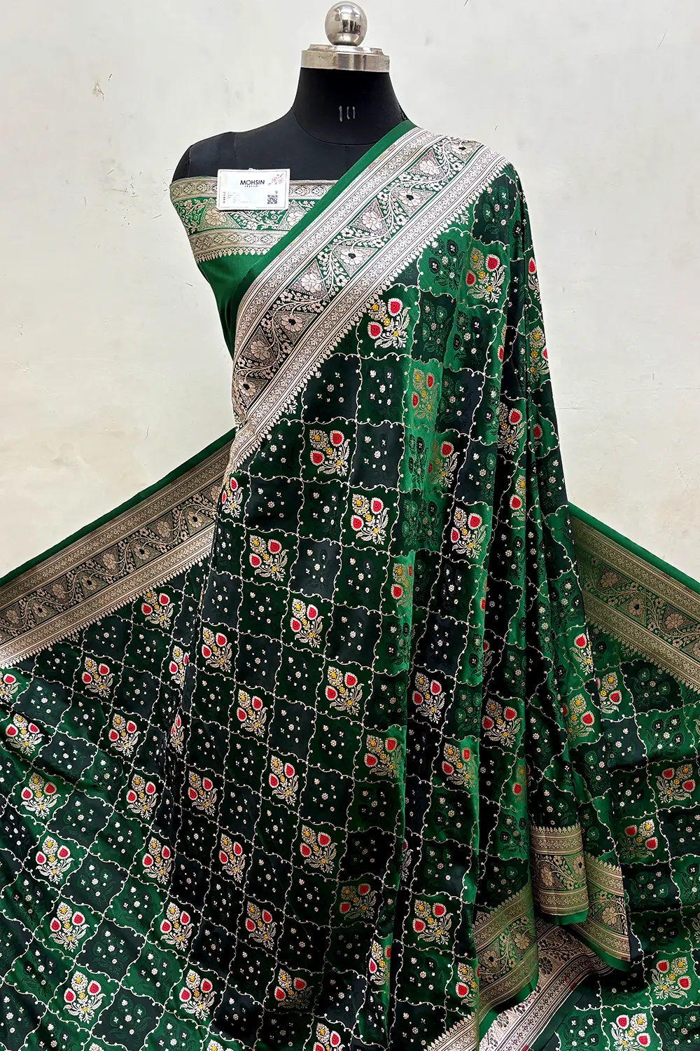 Bottle Green Zari Katan Mashru Silk Banarasi Saree