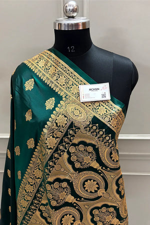 Bottle Green Zari Katan Satin Silk Banarasi Saree