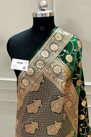 Bottle Green Zari Katan Silk Banarasi Saree