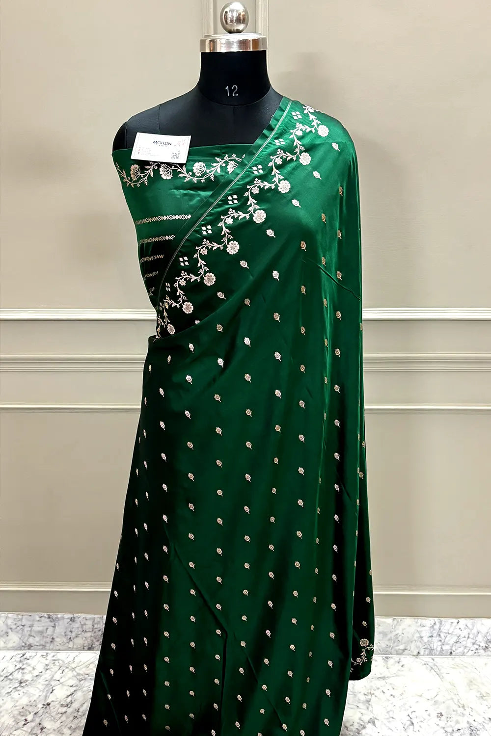 Bottle Green Zari Katan Mashru Silk Banarasi Saree