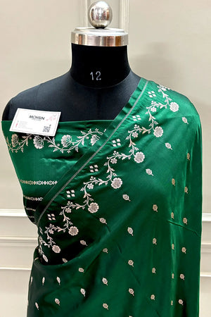 Bottle Green Zari Katan Mashru Silk Banarasi Saree