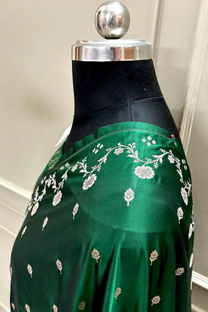 Bottle Green Zari Katan Mashru Silk Banarasi Saree