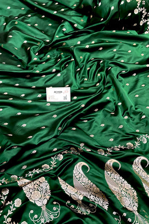 Bottle Green Zari Katan Mashru Silk Banarasi Saree