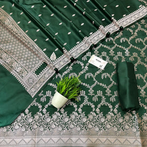 Bottle Green Zari Katan Silk Banarasi Suit