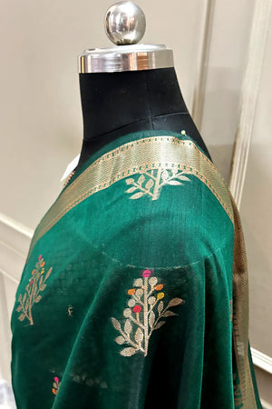 Bottle Green Zari Resham Banarasi Silk Saree