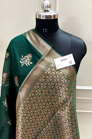 Bottle Green Zari Resham Banarasi Silk Saree