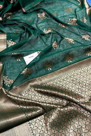 Bottle Green Zari Resham Banarasi Silk Saree