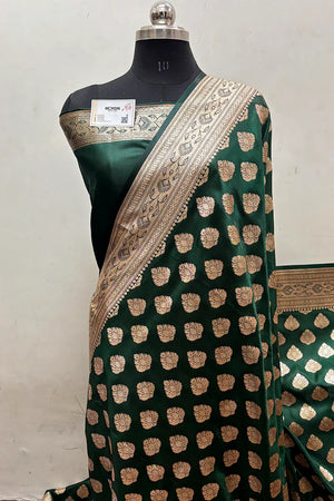 Bottle Green Zari Satin Silk Banarasi Saree