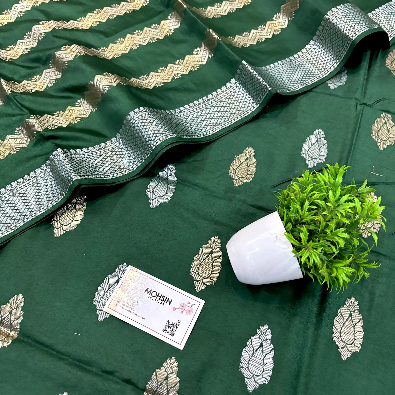 Bottle Green Zari Satin Silk Banarasi Suit