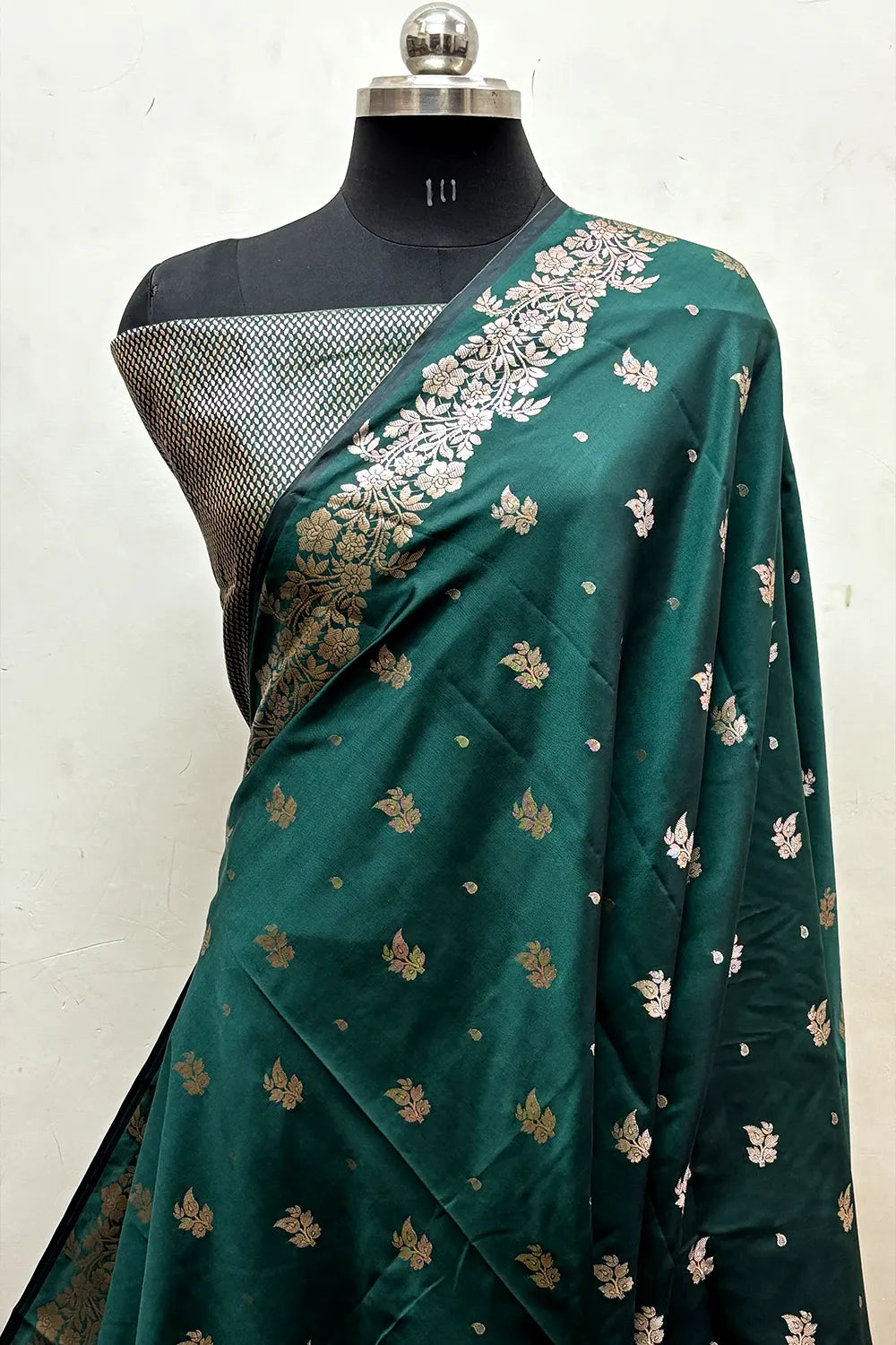 Bottle Green Zari Semi Katan Silk Banarasi Saree