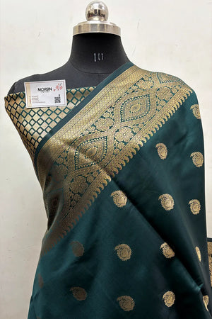 Bottle Green Zari Semi Katan Silk Banarasi Saree