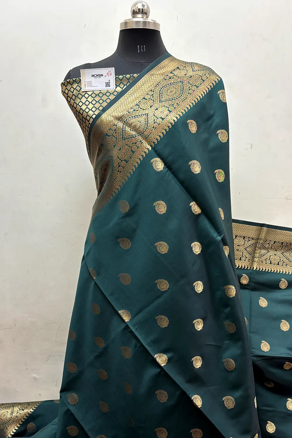 Bottle Green Zari Semi Katan Silk Banarasi Saree