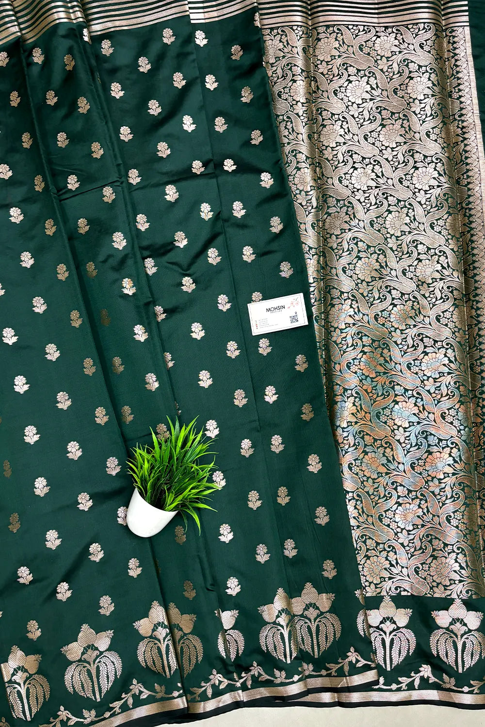 Bottle Green Zari Semi Katan Silk Banarasi Saree