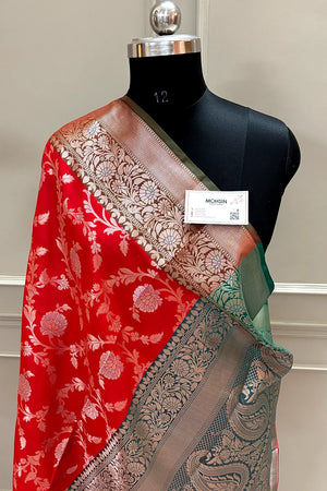 Bright Red and Green Zari Banarasi Silk Saree