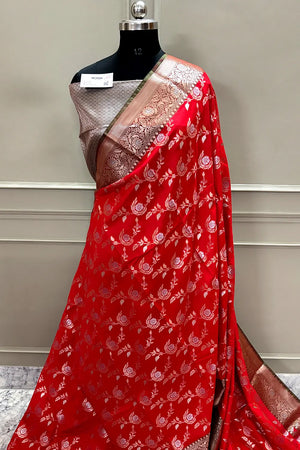 Bright Red and Teal Zari Banarasi Silk Saree