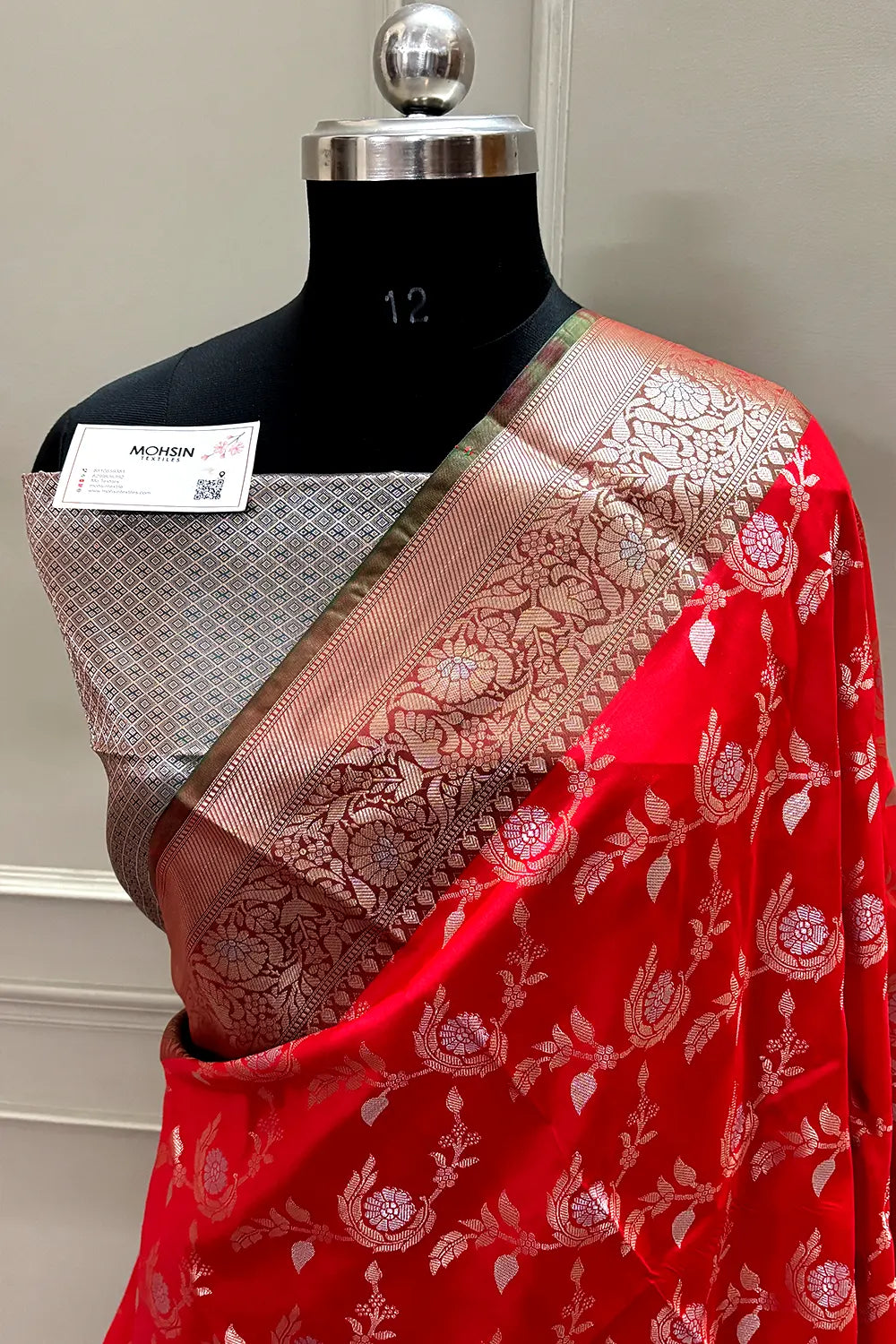 Bright Red and Teal Zari Banarasi Silk Saree