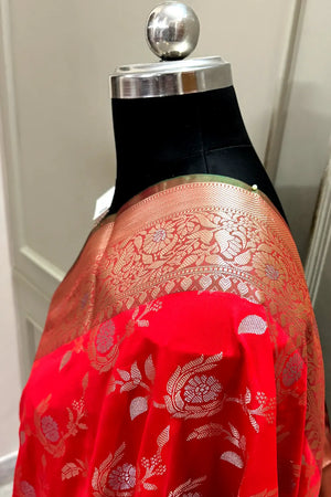 Bright Red and Teal Zari Banarasi Silk Saree