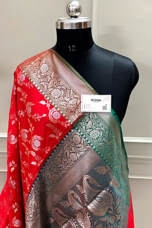 Bright Red and Teal Zari Banarasi Silk Saree