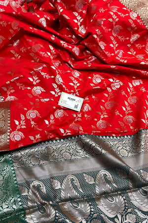 Bright Red and Teal Zari Banarasi Silk Saree
