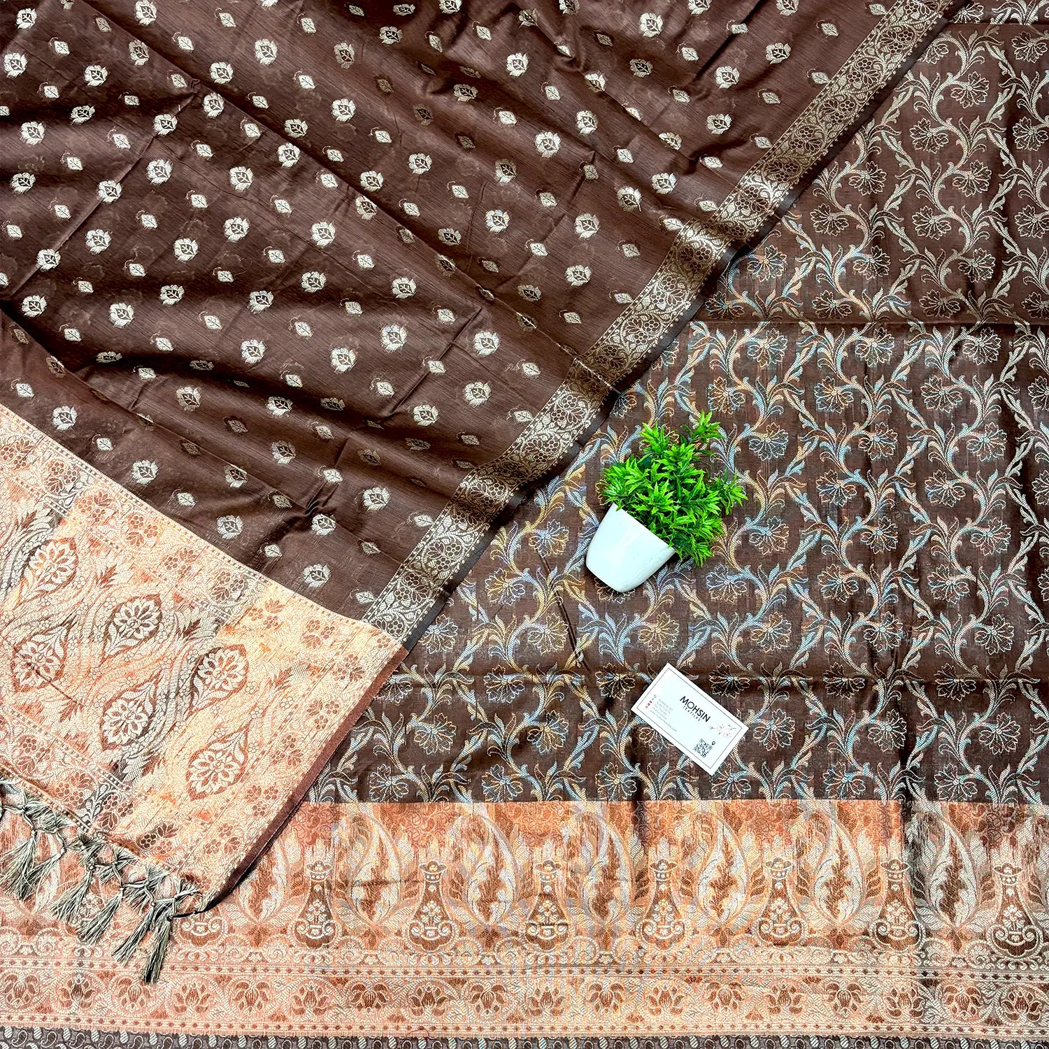 Brown and Gold Zari Border Cotton Silk Banarasi Suit