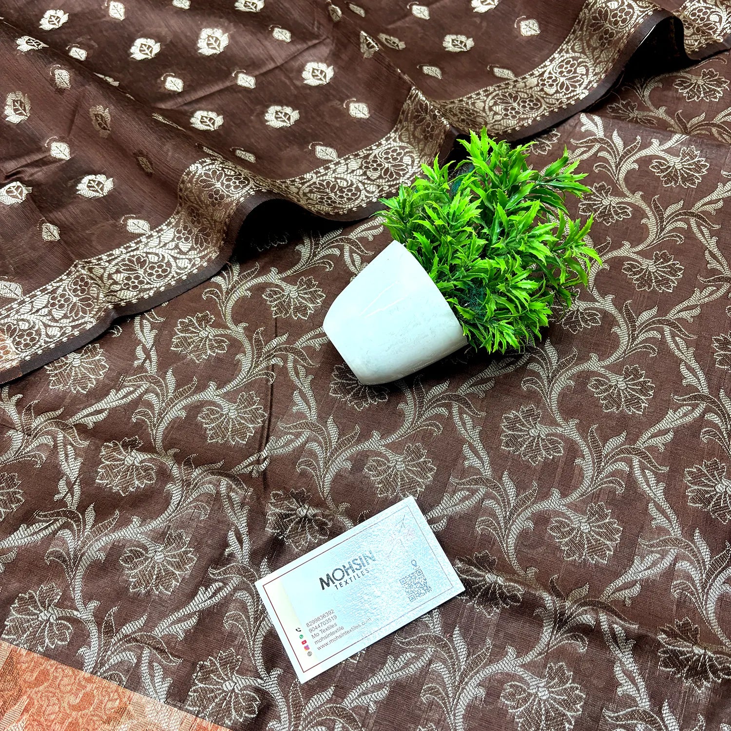 Brown and Gold Zari Border Cotton Silk Banarasi Suit