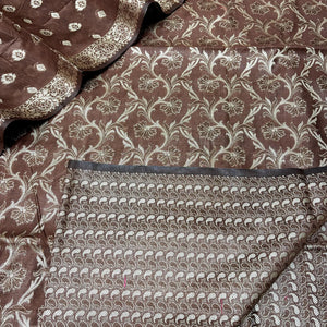 Brown and Gold Zari Border Cotton Silk Banarasi Suit
