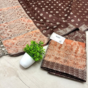 Brown and Gold Zari Border Cotton Silk Banarasi Suit