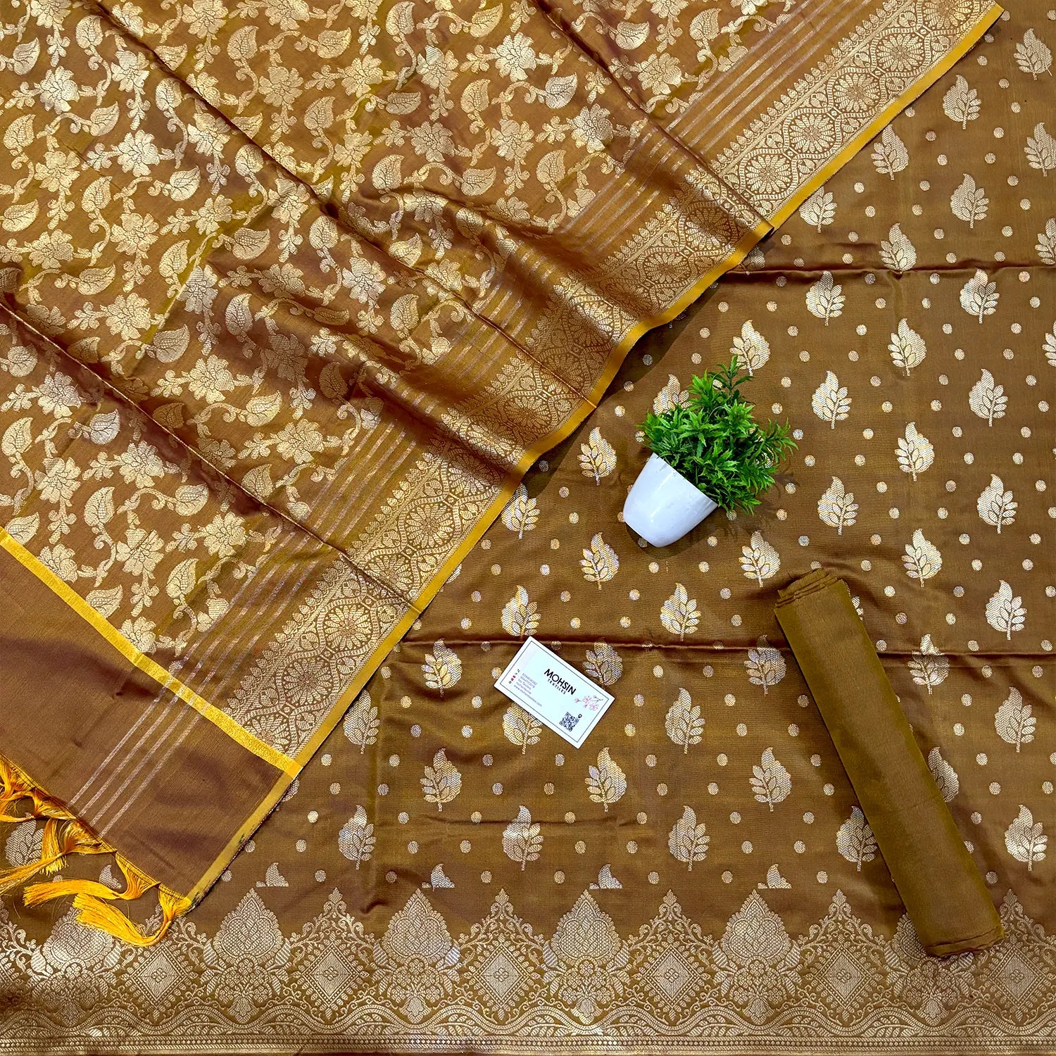 Brown Pankh Buti Satin Silk Banarasi Suit