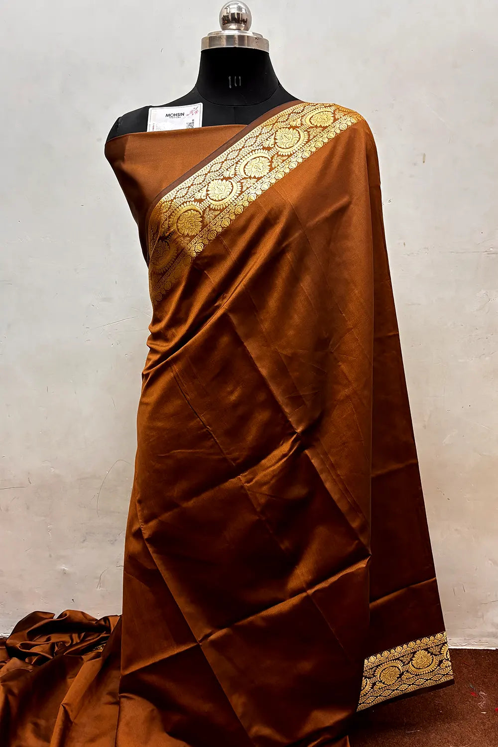 Brown Plain Semi Katan Silk Banarasi Saree