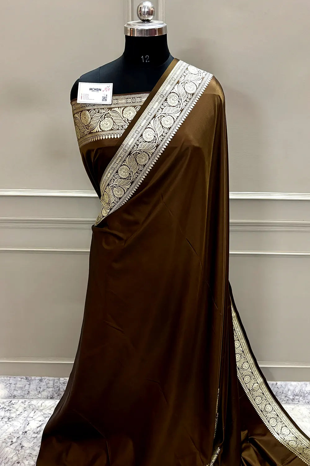Brown Royal Plain Katan Satin Silk Banarasi Saree