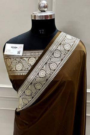 Brown Royal Plain Katan Satin Silk Banarasi Saree