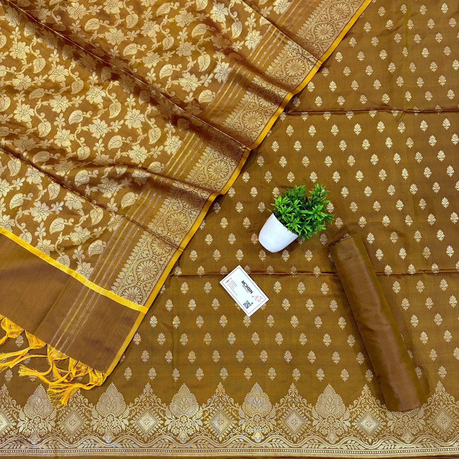 Brown Zari Satin Silk Banarasi Suit