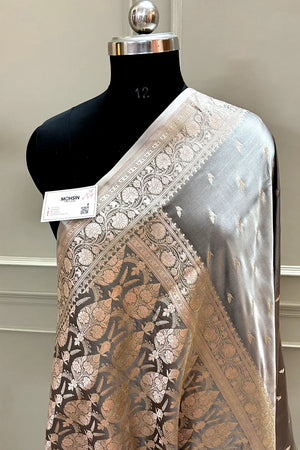 Charcoal Grey Zari Katan Silk Banarasi Saree