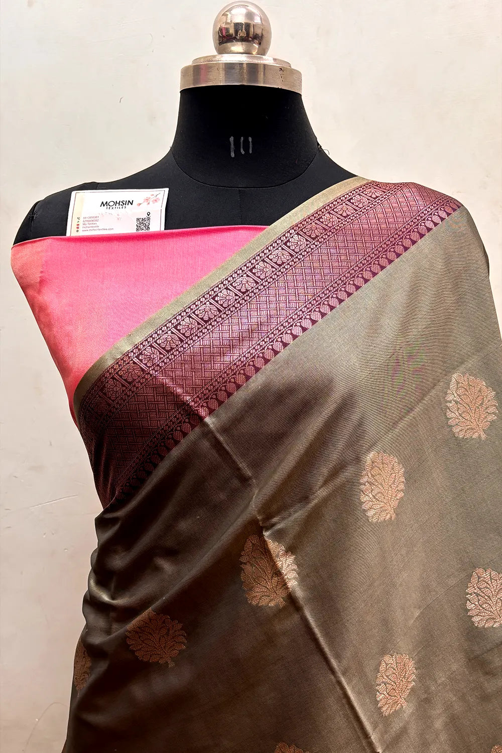 Coral Grey and Pink Zari Semi Katan Silk Banarasi Saree