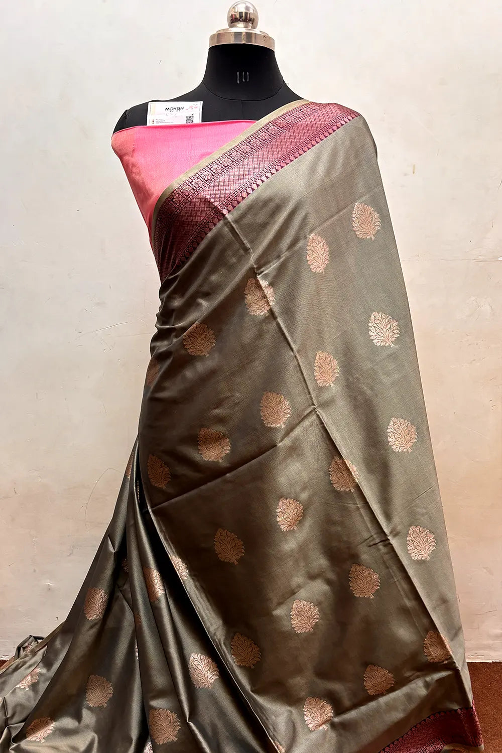 Coral Grey and Pink Zari Semi Katan Silk Banarasi Saree