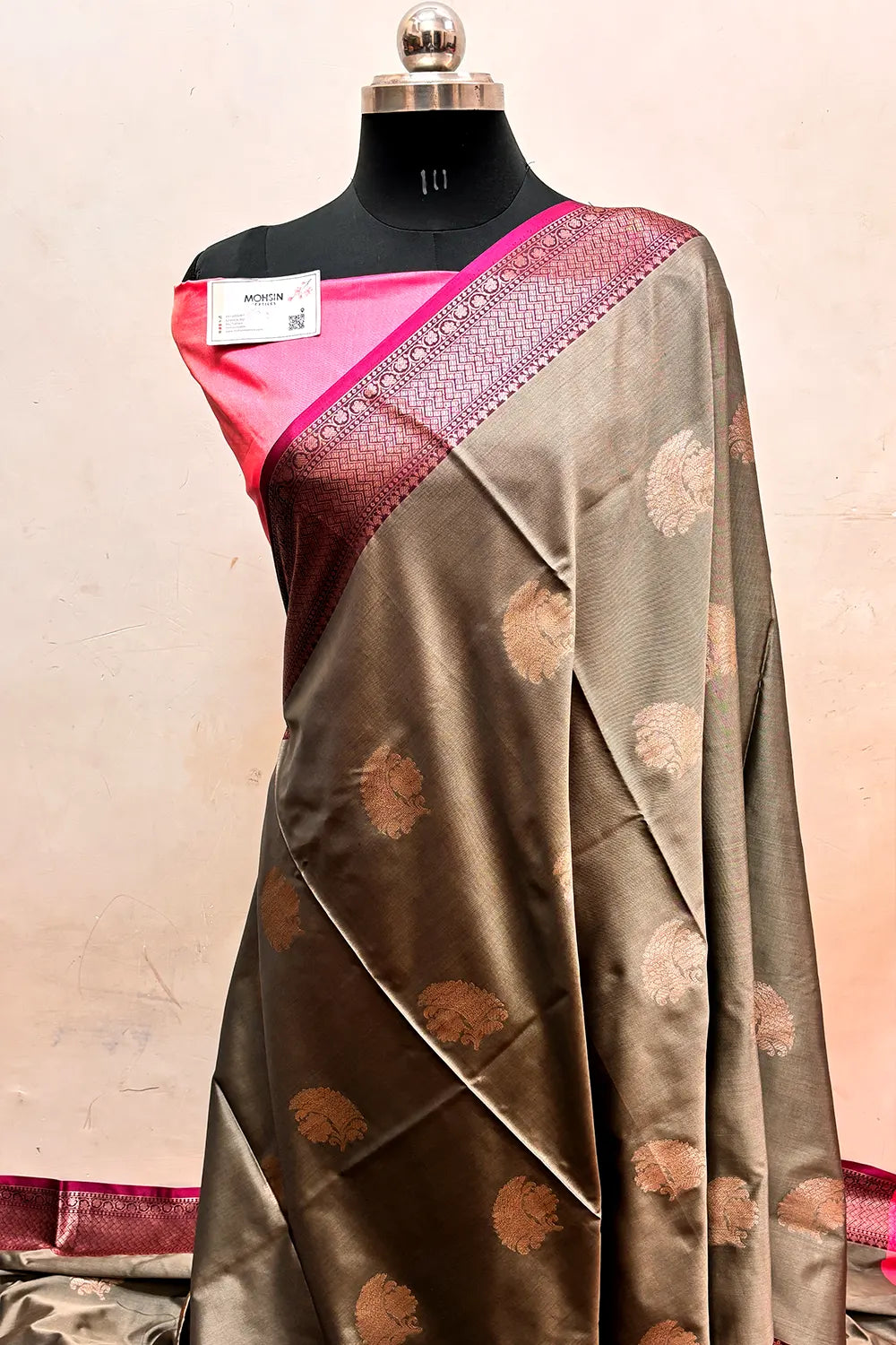 Coral Grey and Pink Zari Semi Katan Silk Banarasi Saree