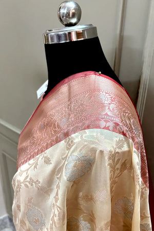 Cream and Red Zari Banarasi Silk Saree