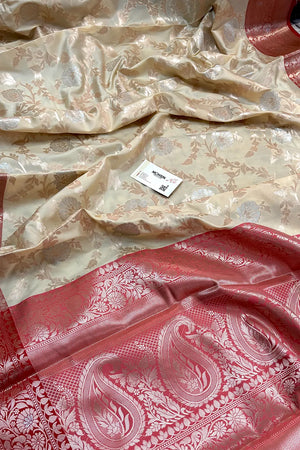 Cream and Red Zari Banarasi Silk Saree