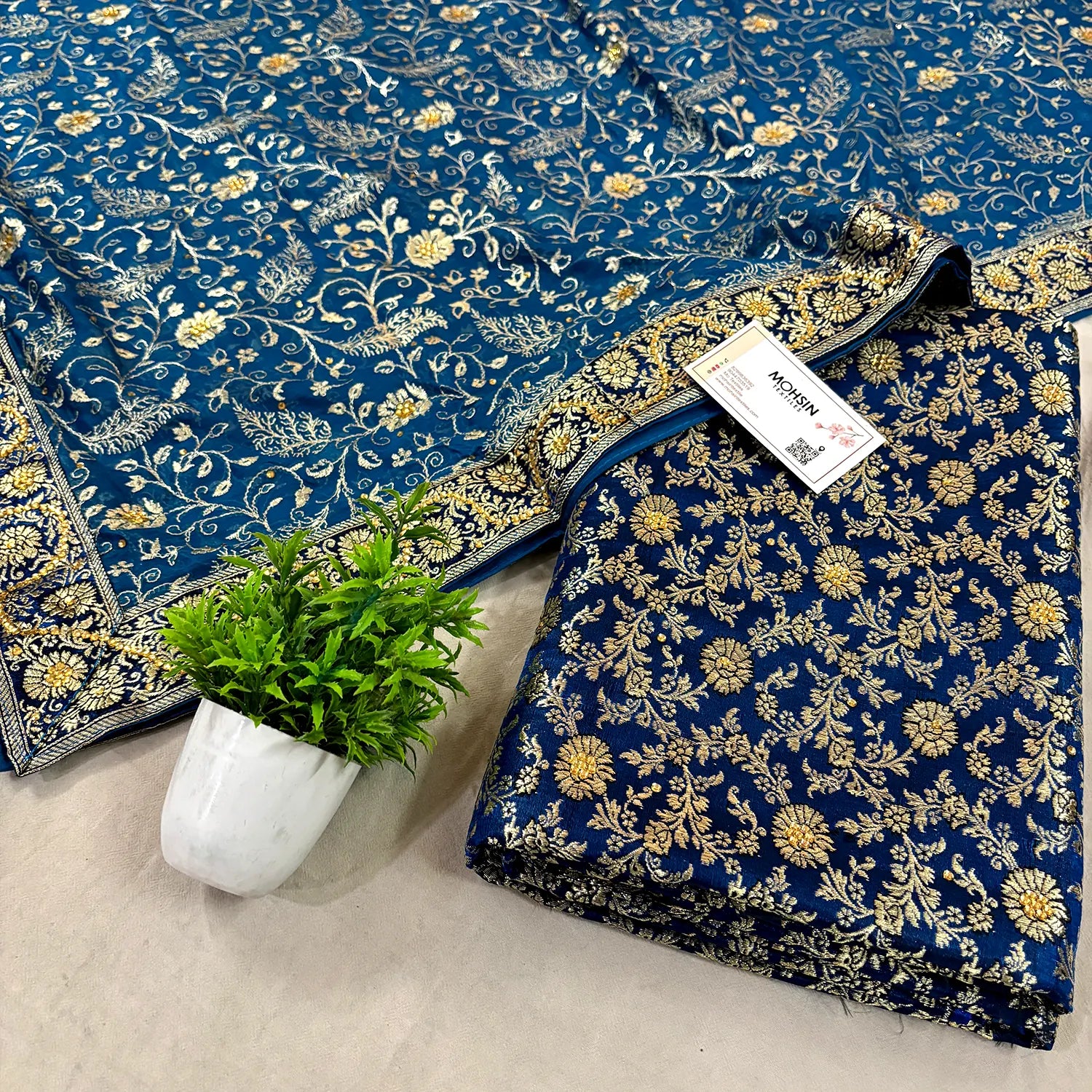 Dark Blue Stone Work Kimkhab Silk Banarasi Gharara – Mohsin Textiles