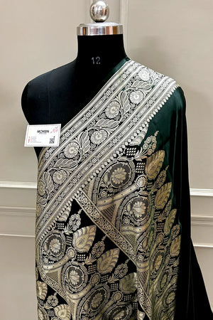 Dark Bottle Green Royal Plain Katan Silk Banarasi Saree